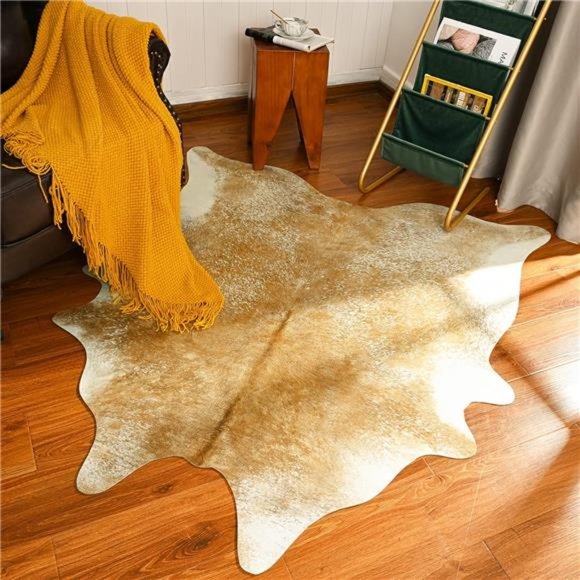 Faux Cowhide Rug for Living Room 4.6 x 5.2 Feet Khaki Cow Print Skins Rug